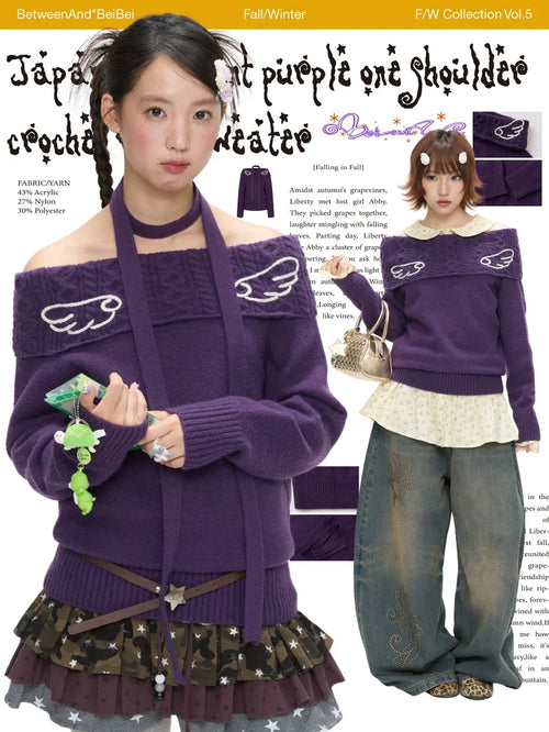 Purple off-shoulder crochet knit sweater with angel-wing detail