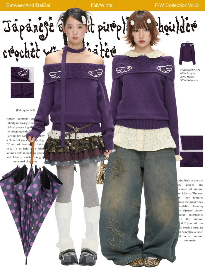 Purple off-shoulder crochet knit sweater with angel-wing detail