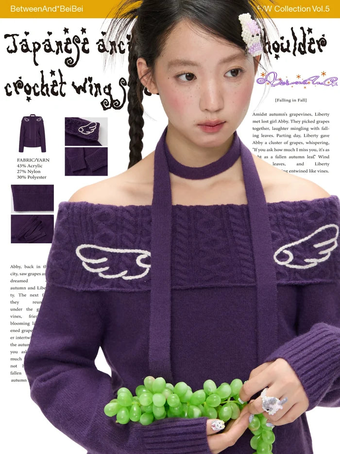 Purple off-shoulder crochet knit sweater with angel-wing detail