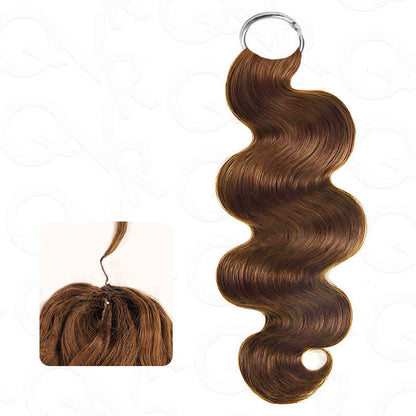 Auburn brown #30 crochet human hair extension in body wave style, machine-made, showing close-up of texture and installation loop.