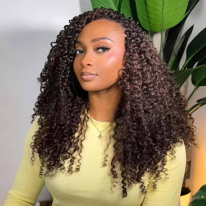 QVR Burmese Curly Feather Crochet Human Hair Dark Brown Machine Made Crochet Weave Hair Extensions