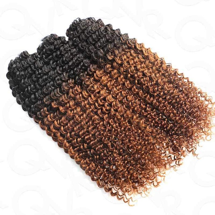 Small kinky curly crochet human hair extension with ombre color #T1B/30, showcasing 100% human hair quality.