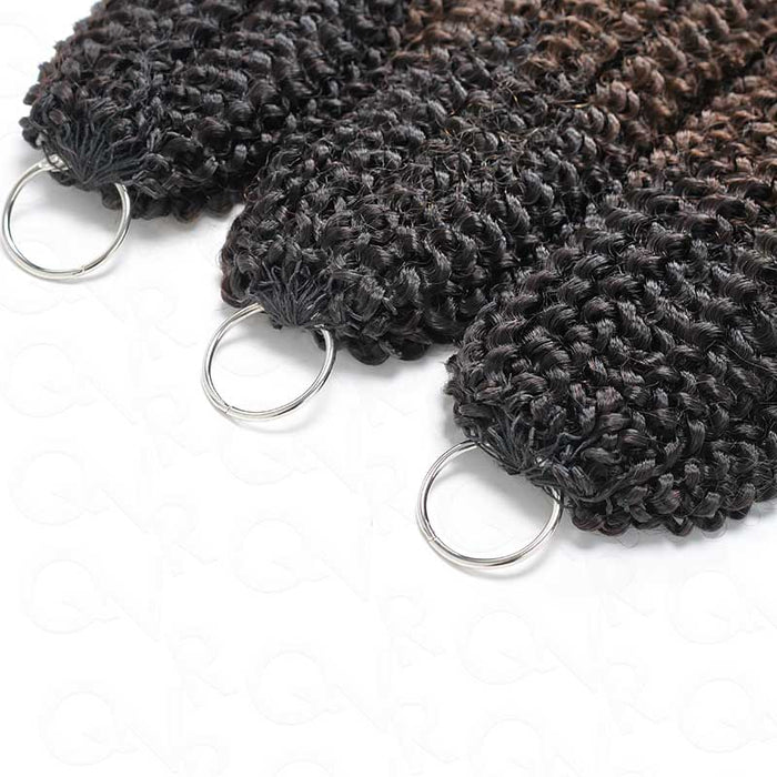 QVR Ombre Brown #T1B/4 Feather Crochet Human Hair Afro Kinky Curly Extensions close-up detail with metal rings.