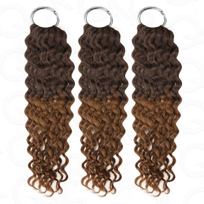 Water wave machine made crochet human hair extensions in ombre brown color, 14-24 inches length, set of three packs.