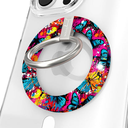 Rebel Wings graffiti butterfly MagSafe phone grip ring with electric blue butterflies, pink and orange paint splatters, and grunge street art design compatible with iPhone and Samsung
