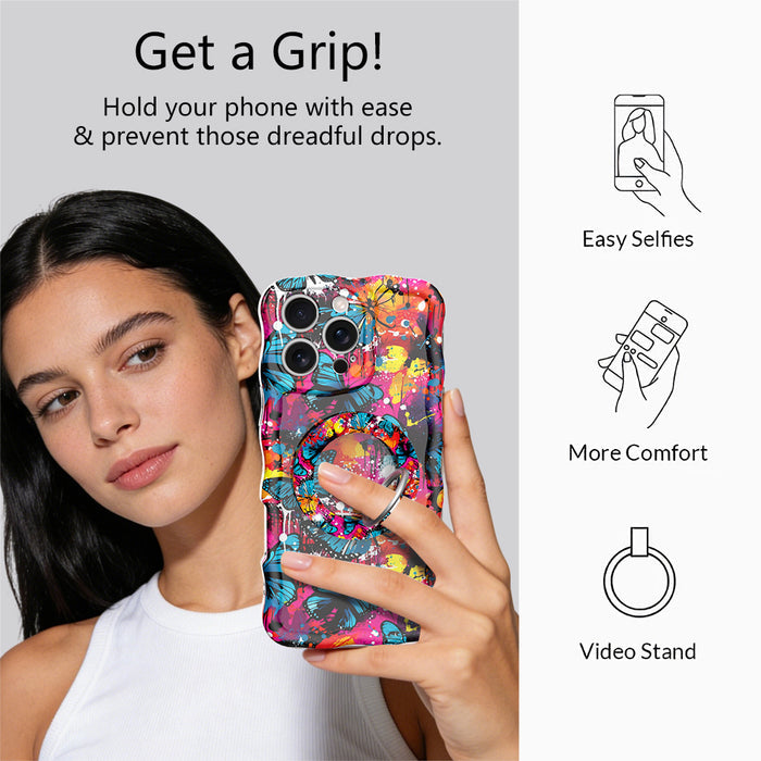 Rebel Wings graffiti butterfly MagSafe phone grip ring with electric blue butterflies, pink and orange paint splatters, and grunge street art design compatible with iPhone and Samsung