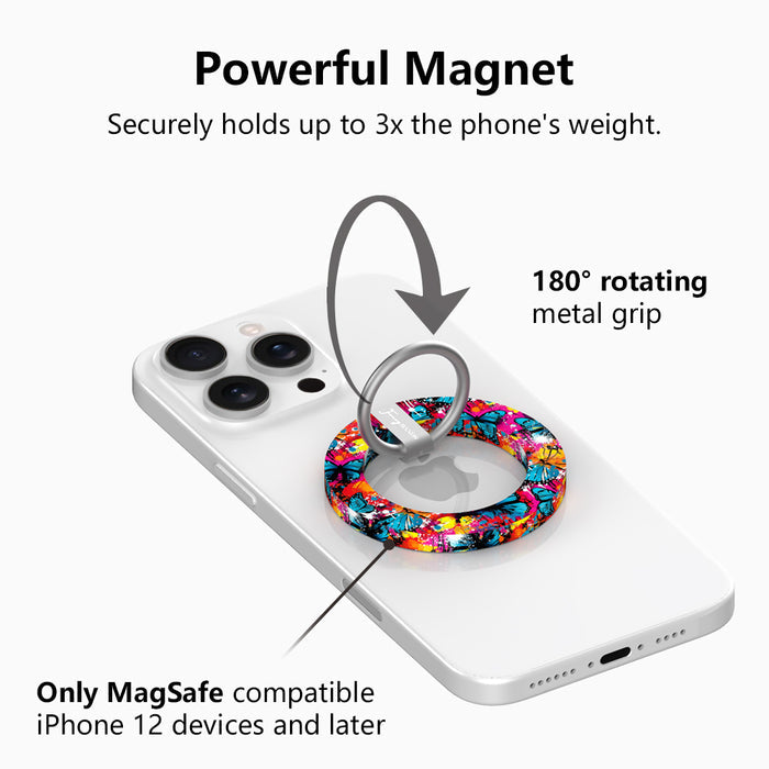 Rebel Wings graffiti butterfly MagSafe phone grip ring with electric blue butterflies, pink and orange paint splatters, and grunge street art design compatible with iPhone and Samsung