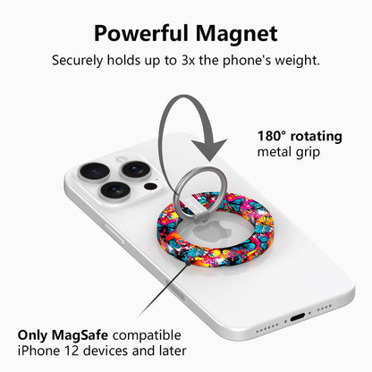 Rebel Wings graffiti butterfly MagSafe phone grip ring with electric blue butterflies, pink and orange paint splatters, and grunge street art design compatible with iPhone and Samsung