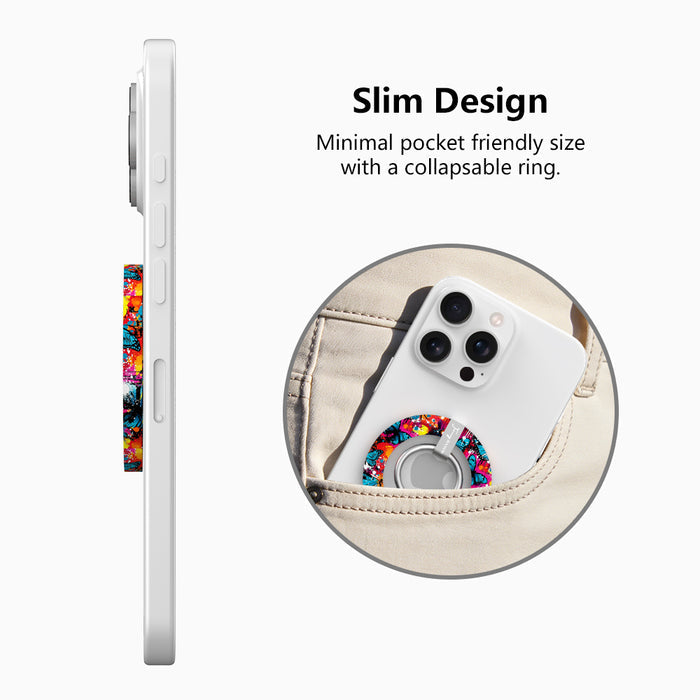 Rebel Wings graffiti butterfly MagSafe phone grip ring with electric blue butterflies, pink and orange paint splatters, and grunge street art design compatible with iPhone and Samsung