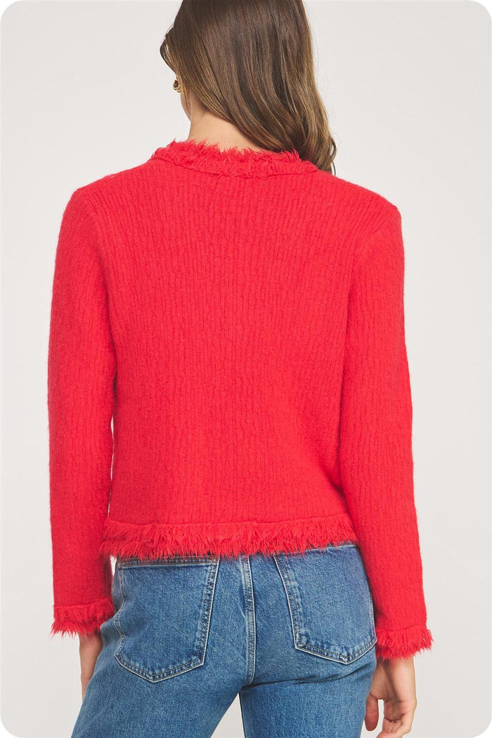 Red Frayed Trim Textured Cardigan