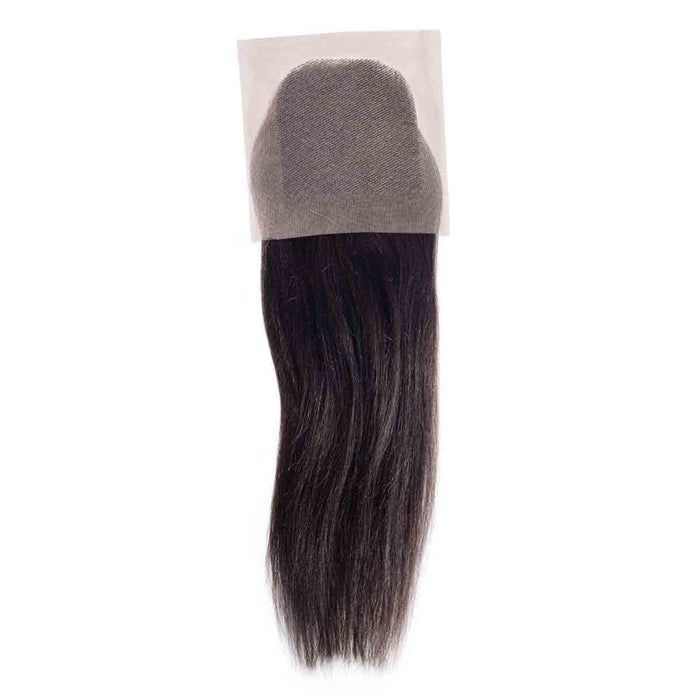 A lace hair closure with straight, dark brown Remy hair attached and a rectangular mesh-like lace base for a natural blend.