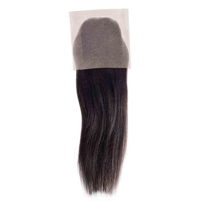 A lace hair closure with straight, dark brown Remy hair attached and a rectangular mesh-like lace base for a natural blend.