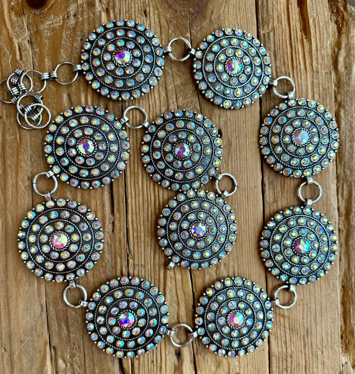 Round Silver Concho Link Belt w/ AB All Over Crystals