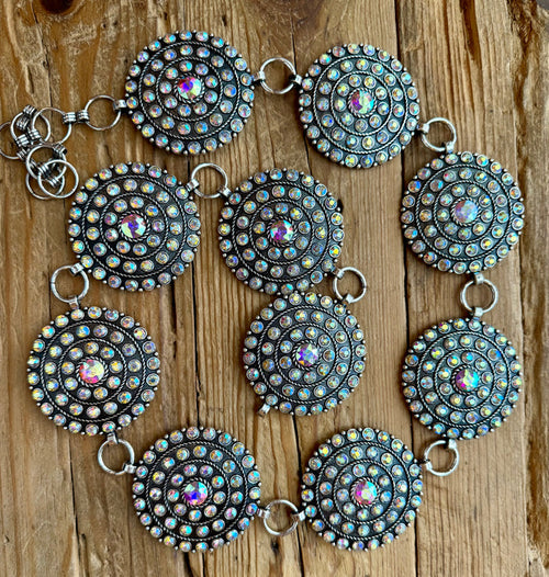 Round Silver Concho Link Belt w/ AB All Over Crystals