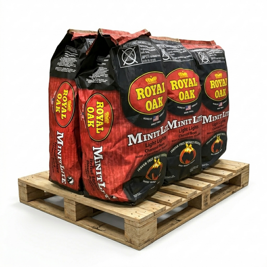 Multiple bags of Royal Oak Minit Lite on a wooden pallet with a white background