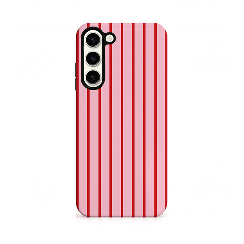 Pink phone case with red vertical stripes on a white background
