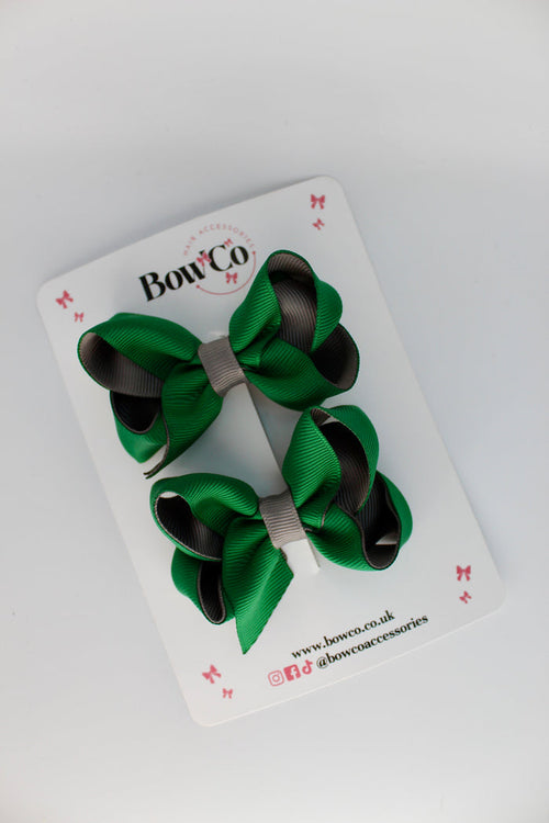 School Bow Green and Grey - Loop Bow Set - Clip