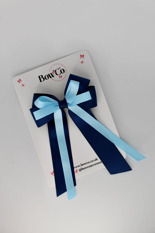 School Bow Navy Blue and Blue Topaz - Loop Bow Tail Clip