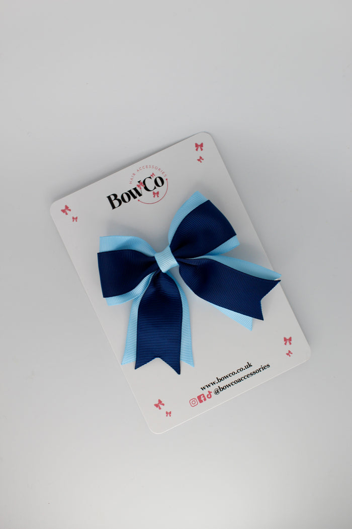 School Bow Navy Blue and Blue Topaz - Tail Bow Clip