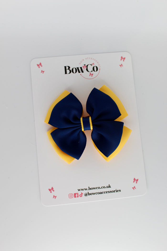 School Bow Navy Blue and Yellow Gold - Layer Edge Bow - Clip