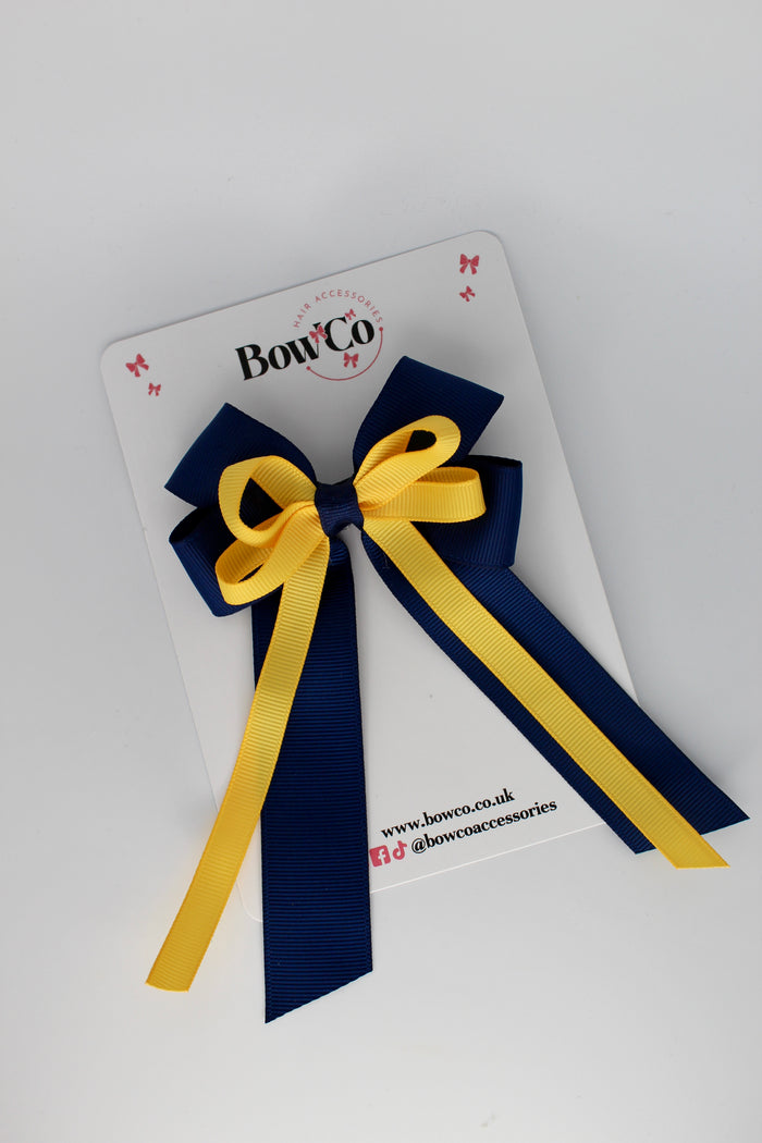 School Bow Navy Blue and Yellow Gold - Loop Bow Tail Clip