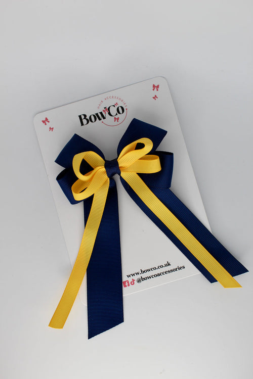 School Bow Navy Blue and Yellow Gold - Loop Bow Tail Clip