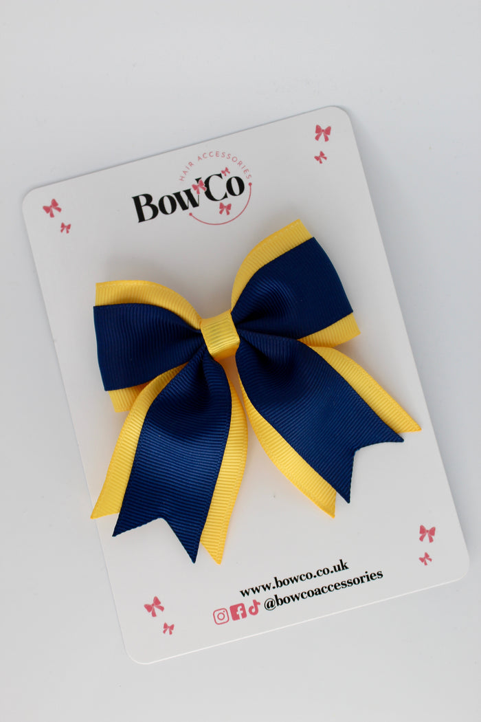 School Bow Navy Blue and Yellow Gold- Tail Bow Clip