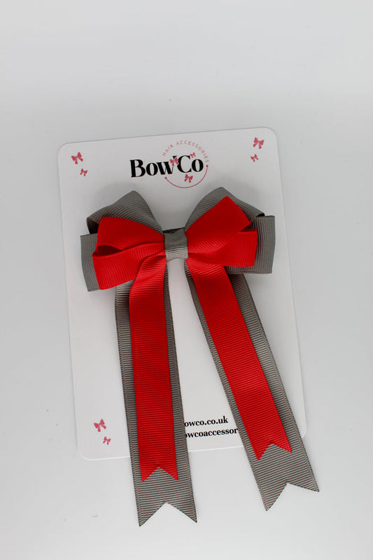 School Bow Red and Metal Grey - Double Bow Tail