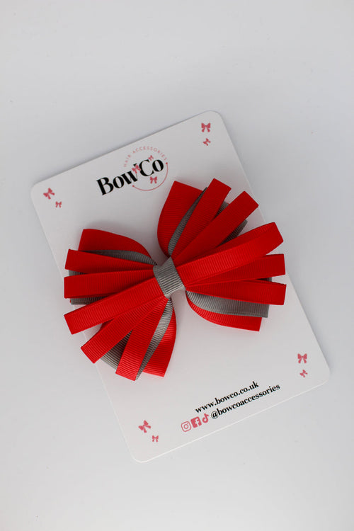 School Bow Red and Metal Grey - Spiral Bow - Clip