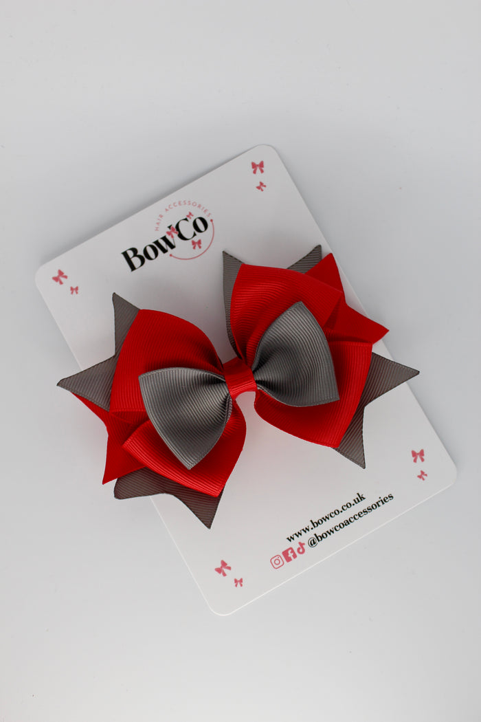 School Bow Red and Metal Grey Layer Bow - Clip