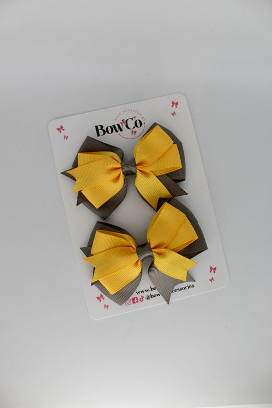School Bows Metal Grey and Yellow Gold - Double Tail Bow Set - Clip