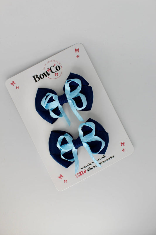 School Bows Navy Blue and Blue Topaz - Double Bow Set - Clip