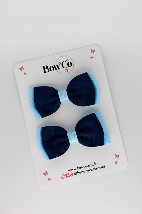 School Bows Navy Blue and Blue Topaz - Double Lapel Bow Set - Clip