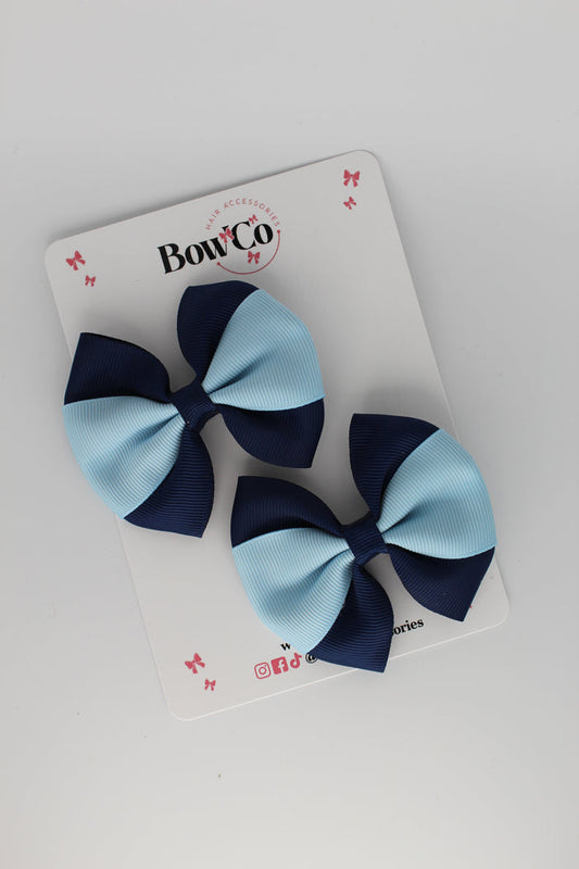 School Bows Navy Blue and Blue Topaz - Round Tuxedo Bow Set - Clip