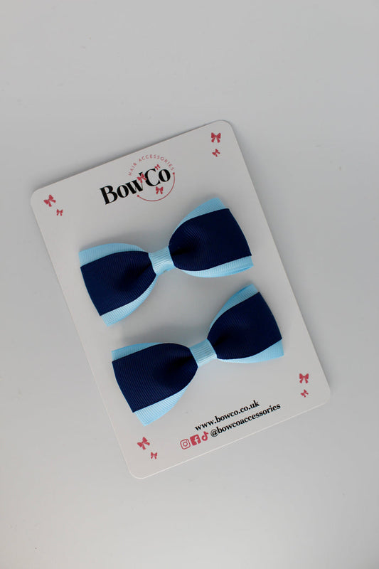School Bows Navy Blue and Blue Topaz - Tuxedo Bow Set - Clip