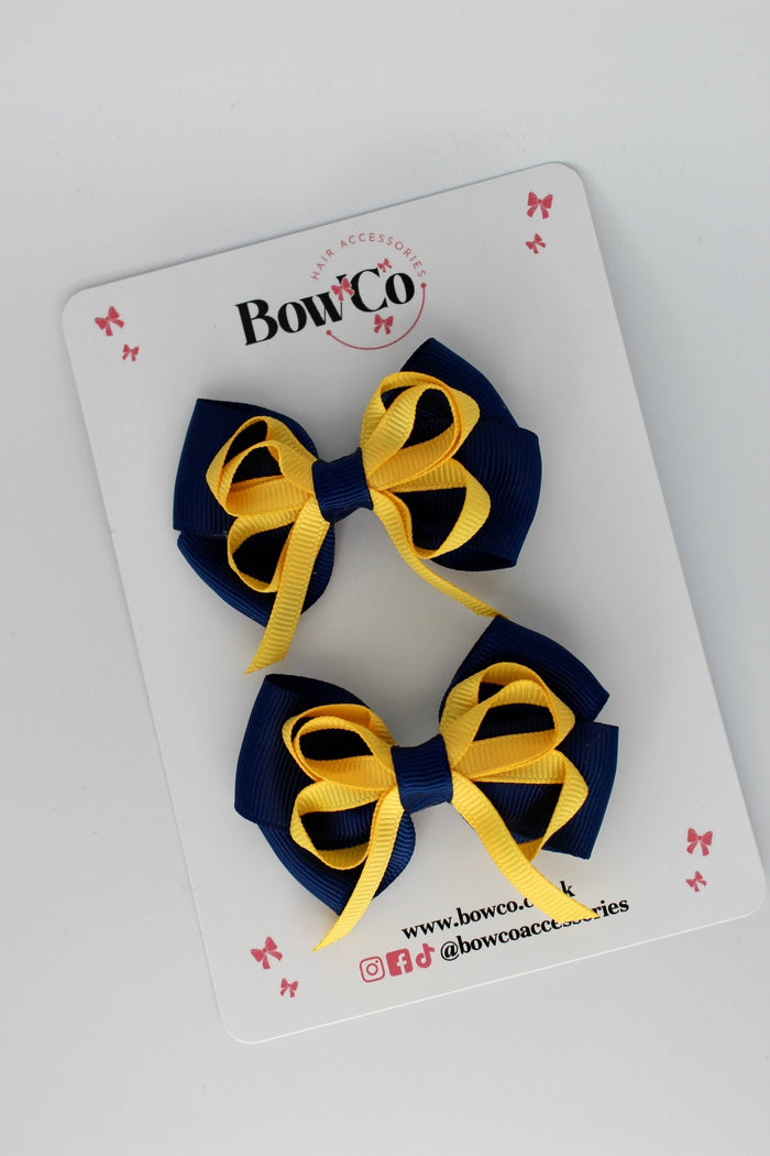 School Bows Navy Blue and Yellow Gold - Double Bow Set - Clip