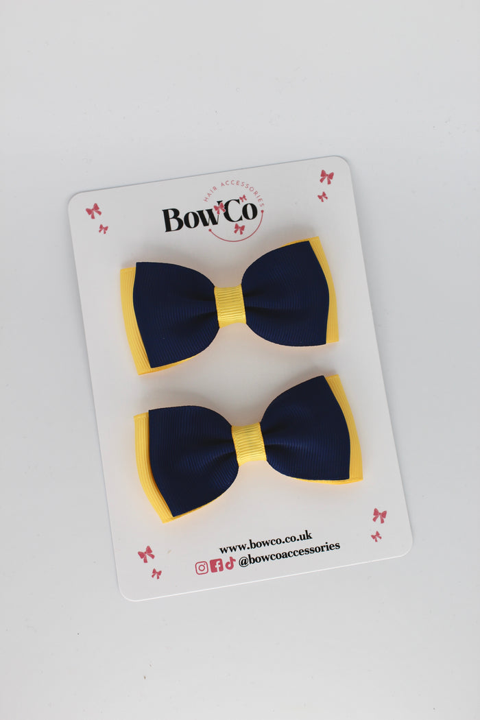 School Bows Navy Blue and Yellow Gold - Double Lapel Bow Set - Clip