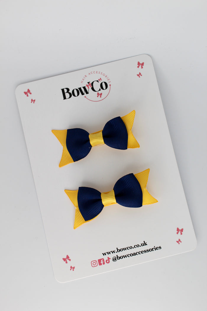School Bows Navy Blue and Yellow Gold - Layer Tail Bow - Clip