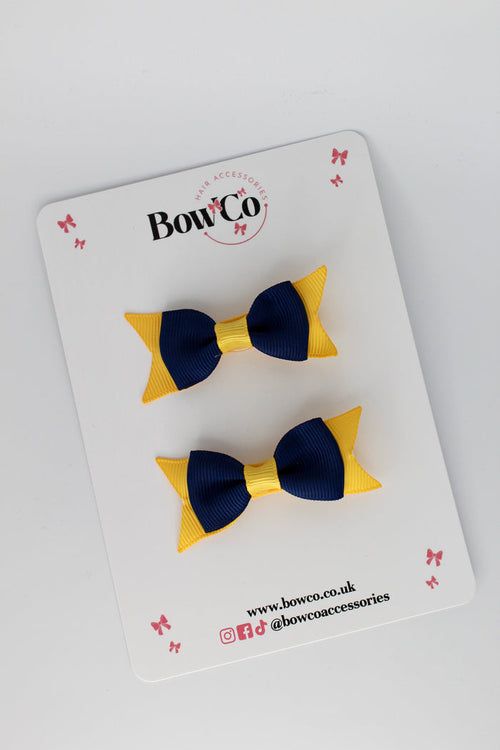 School Bows Navy Blue and Yellow Gold - Layer Tail Bow - Clip