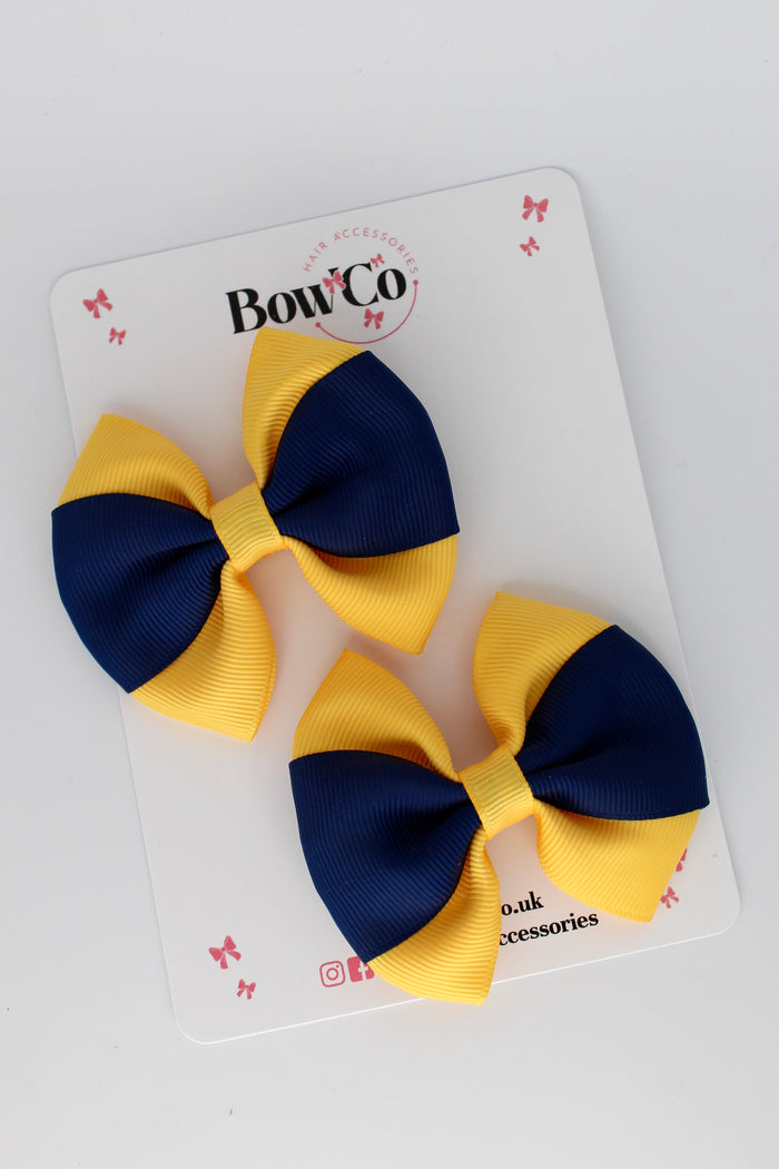 School Bows Navy Blue and Yellow Gold - Round Tuxedo Bow Set - Clip