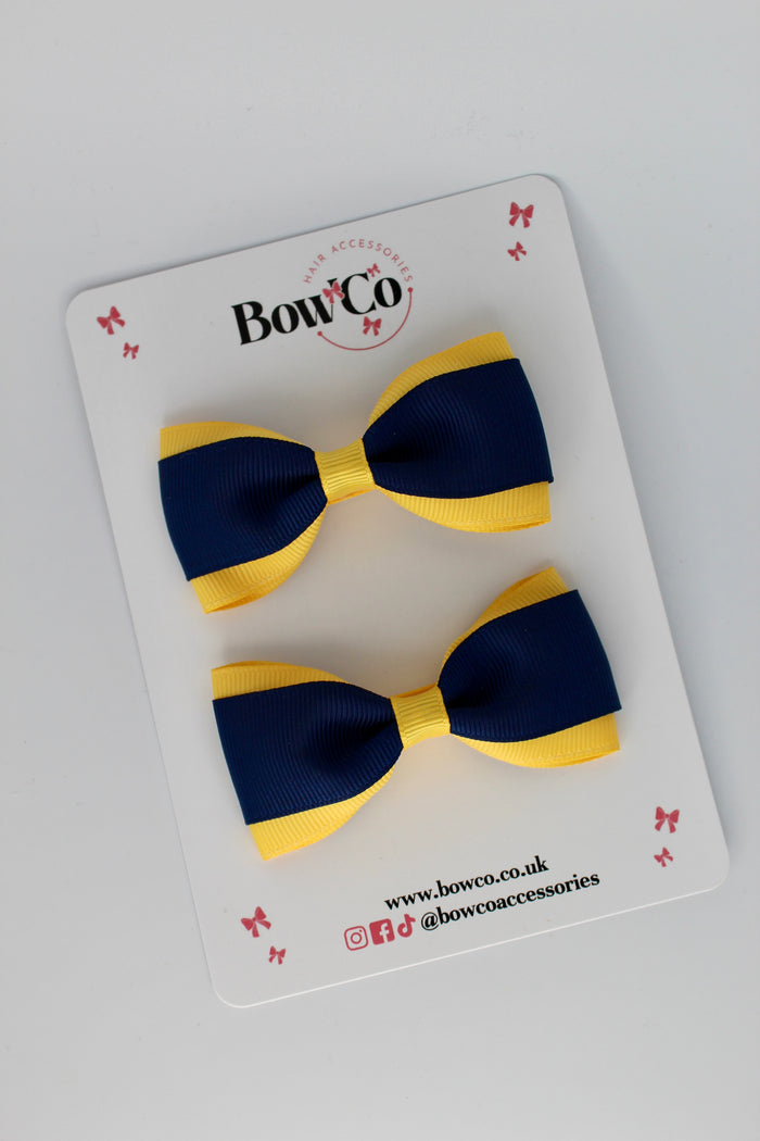 School Bows Navy Blue and Yellow Gold - Tuxedo Bow Set - Clip