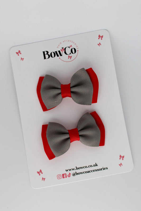 School Bows Red and Metal Grey - Double Bow Set - Clip