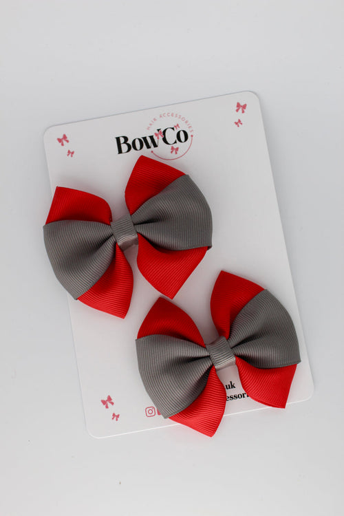 School Bows Red and Metal Grey - Round Tuxedo Bow Set - Clip