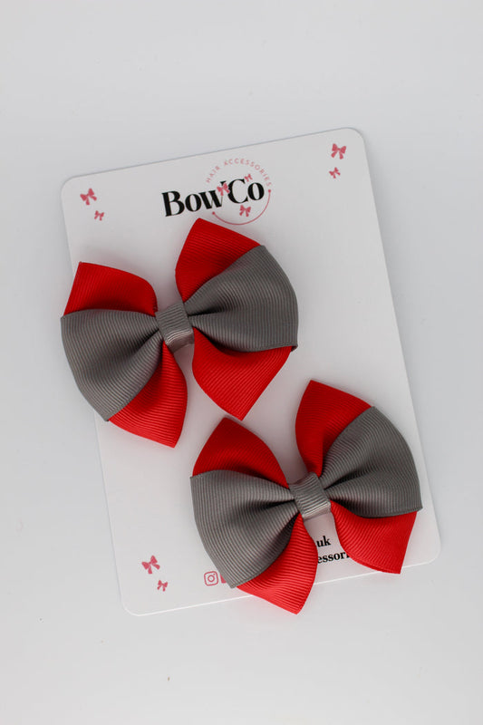 School Bows Red and Metal Grey - Round Tuxedo Bow Set - Clip