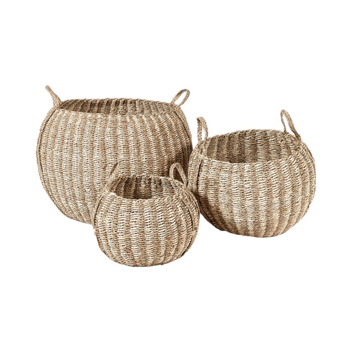 Set of 3 Seagrass and Palm Leaf Natural Striped Round Baskets
