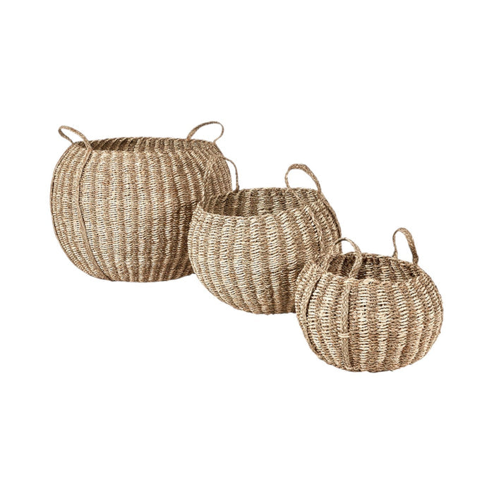Set of 3 Seagrass and Palm Leaf Natural Striped Round Baskets
