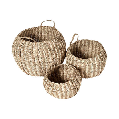 Set of 3 Seagrass and Palm Leaf Natural Striped Round Baskets