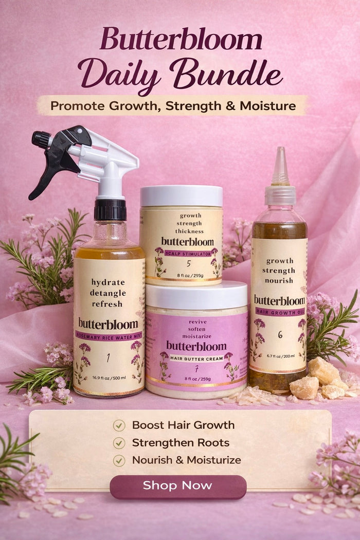 Ayurvedic Shea Butter Hair Growth Bundle by Butterbloom for curly, dry, and natural hair, featuring organic herbal hair butter.