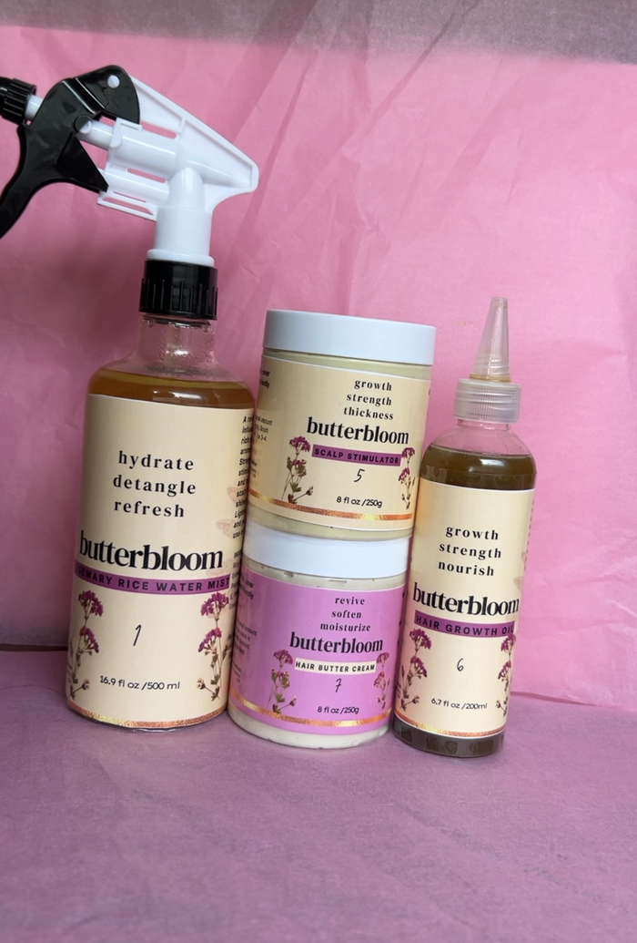 Shea butter hair growth bundle for curly, dry hair with organic herbal ayurvedic hair butter by Butterbloom, showcasing natural hair care products.