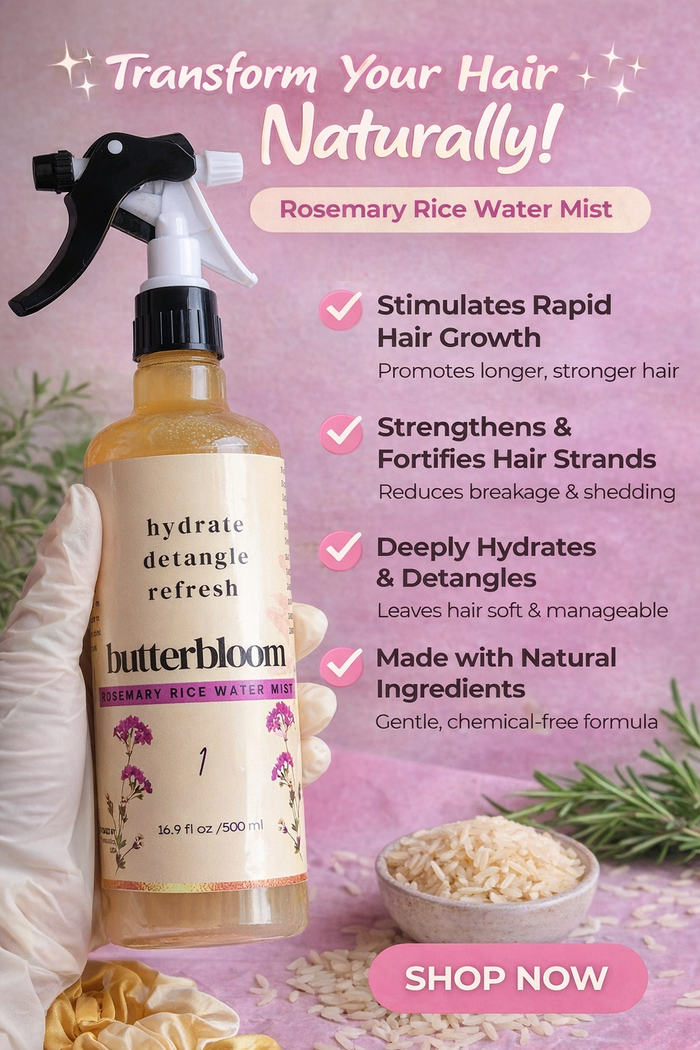 A close-up of Butterbloom Shea Butter Hair Growth Bundle for curly, dry hair with organic herbal hair butter and natural hair care products.